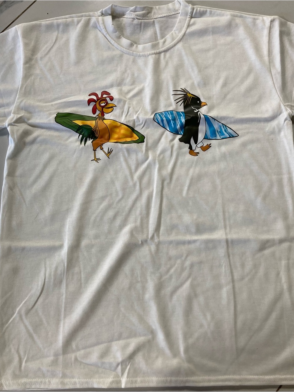 Gildan White Short Sleeve Tee with Yellow/Green and Blue Surf Bird Prints